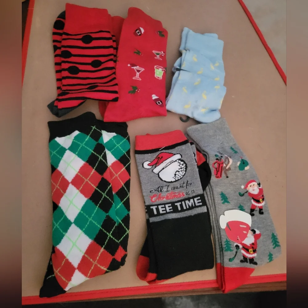 6 Pairs Mens NEW Christmas‎ Socks Golf Flamingo Mens 6 -12 Stocking Stuffer A38